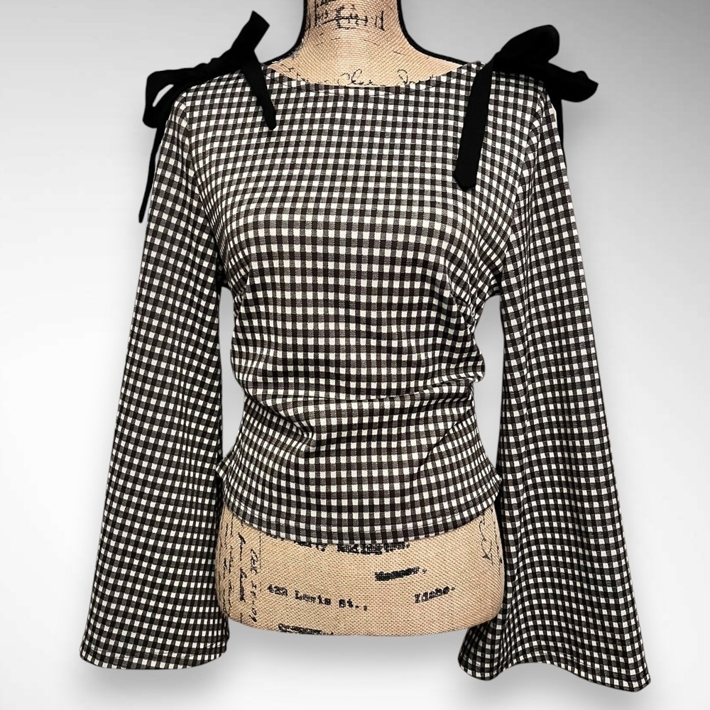 CIDER City Chic Boat Neck Gingham Knit Ruched Long Bell Sleeve Brown White Top